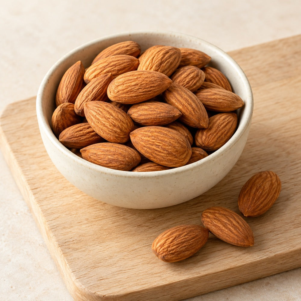 Mandeln auf einem hellen Holzbrett
