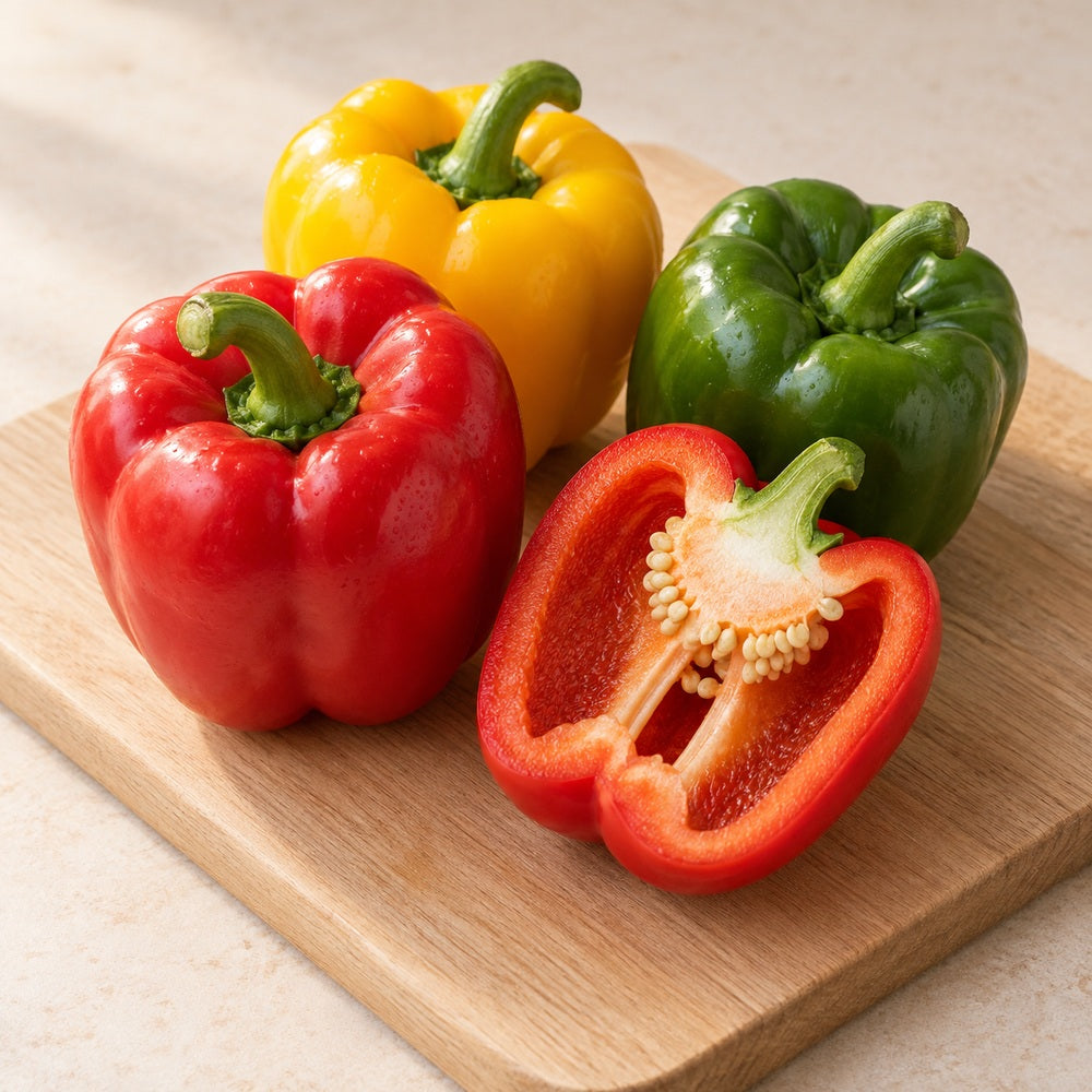 Paprika auf einem hellen Holzbrett