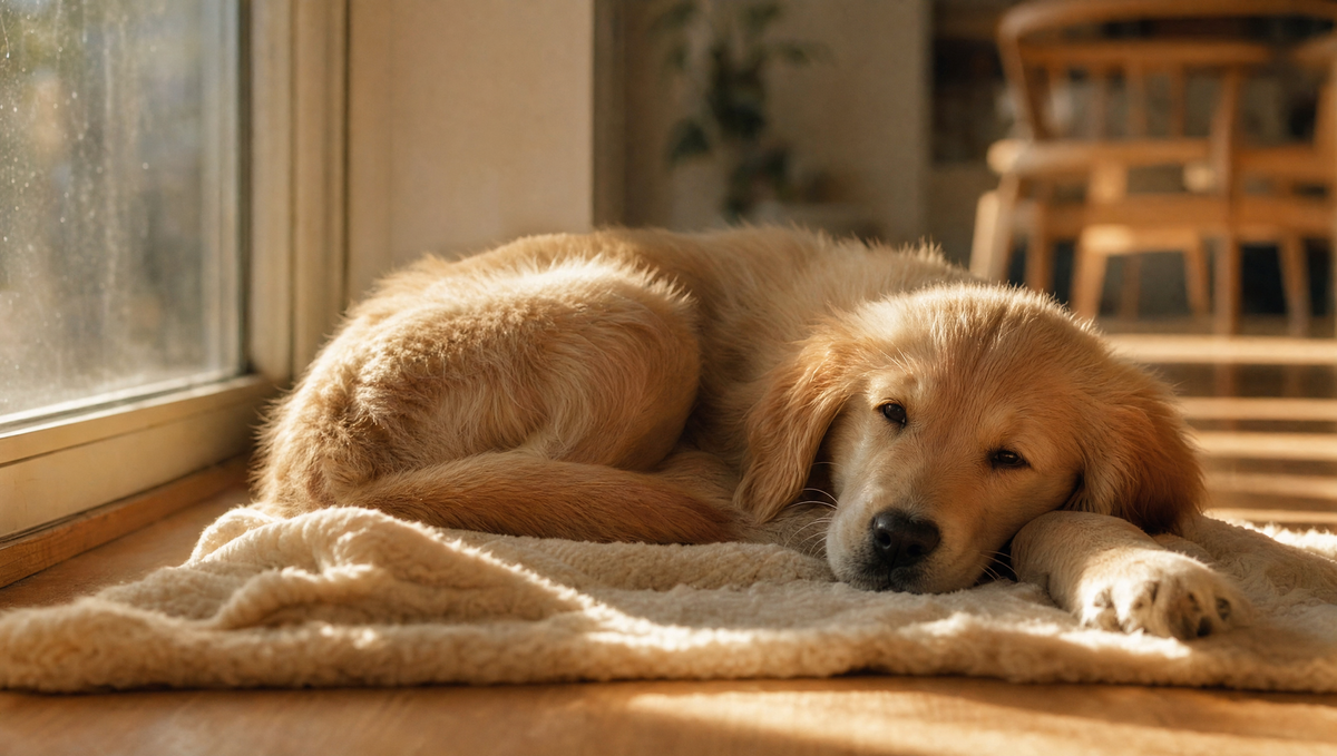 Golden-Retriever-Welpe schläft auf einer Wolldecke im Abendlicht