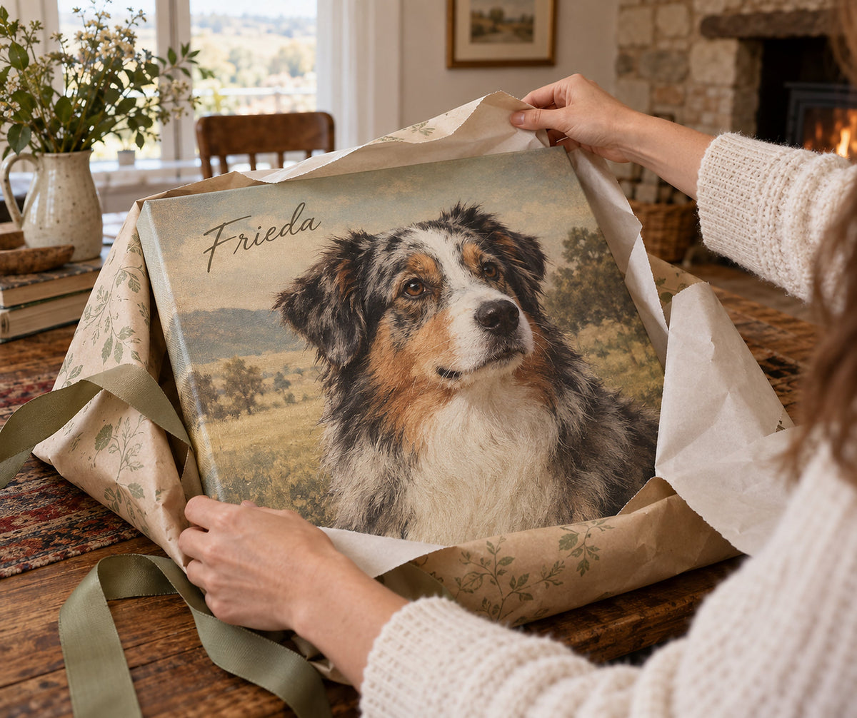 Retrato de cão em tela a ser desembrulhado como presente