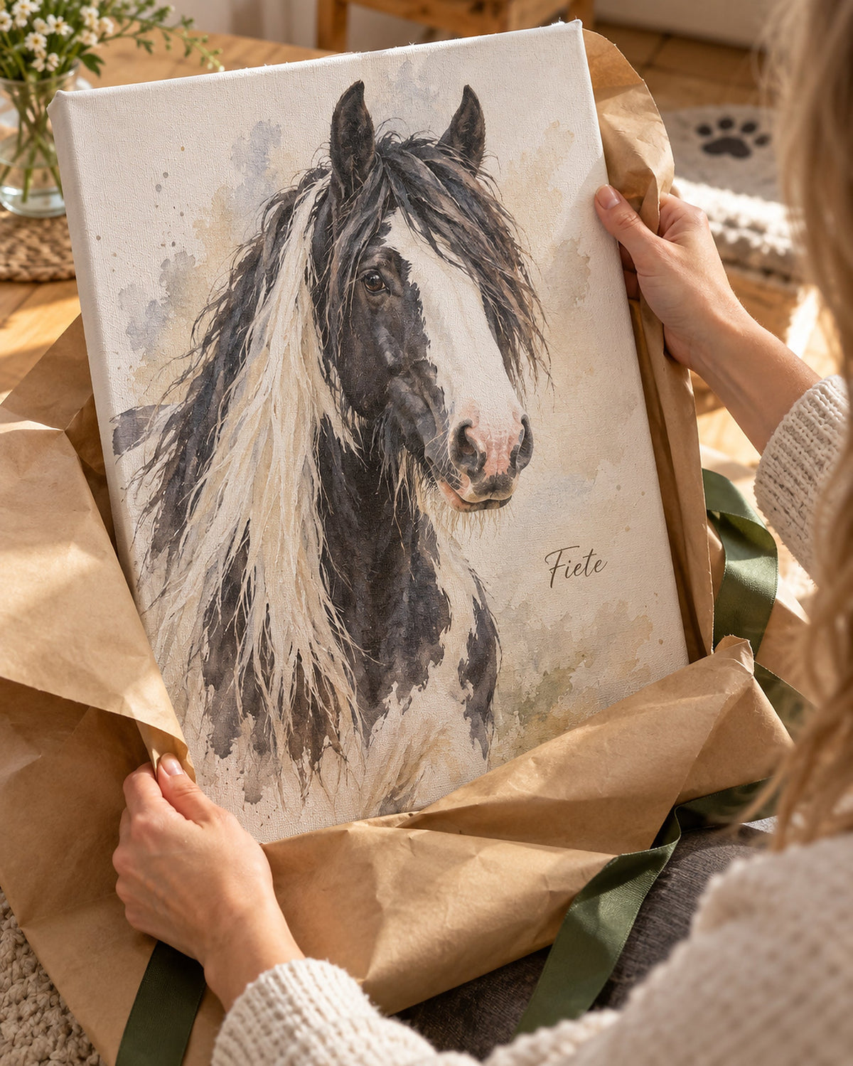 Retrato de caballo en lienzo, desenvuelto como regalo