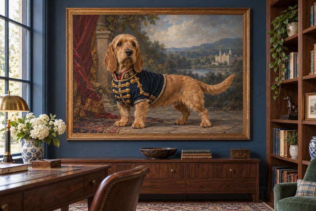 Basset Fauve de Bretagne als Wandbild im Stil Royal mit kurzer Uniform, Raum: blaues Arbeitszimmer