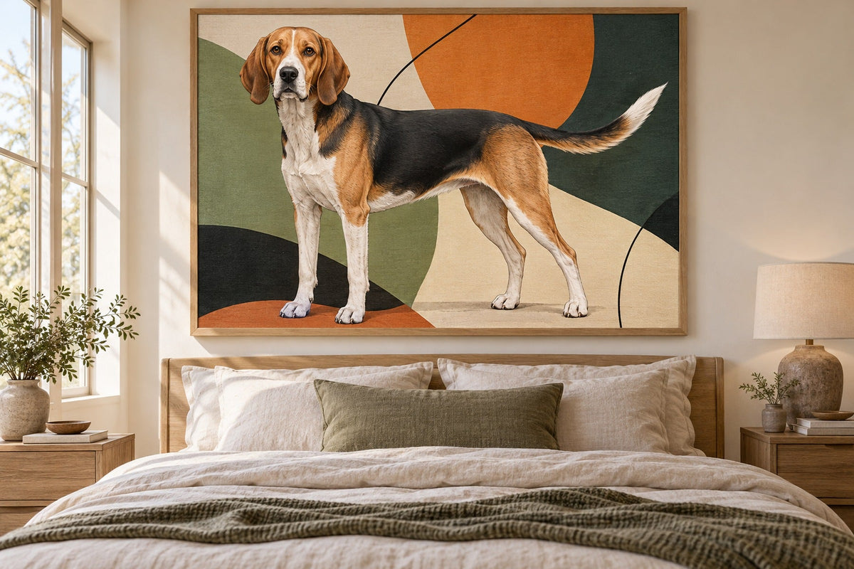 Beagle-Harrier als Wandbild im Stil Pop-Art, Raum: sandfarbenes Schlafzimmer