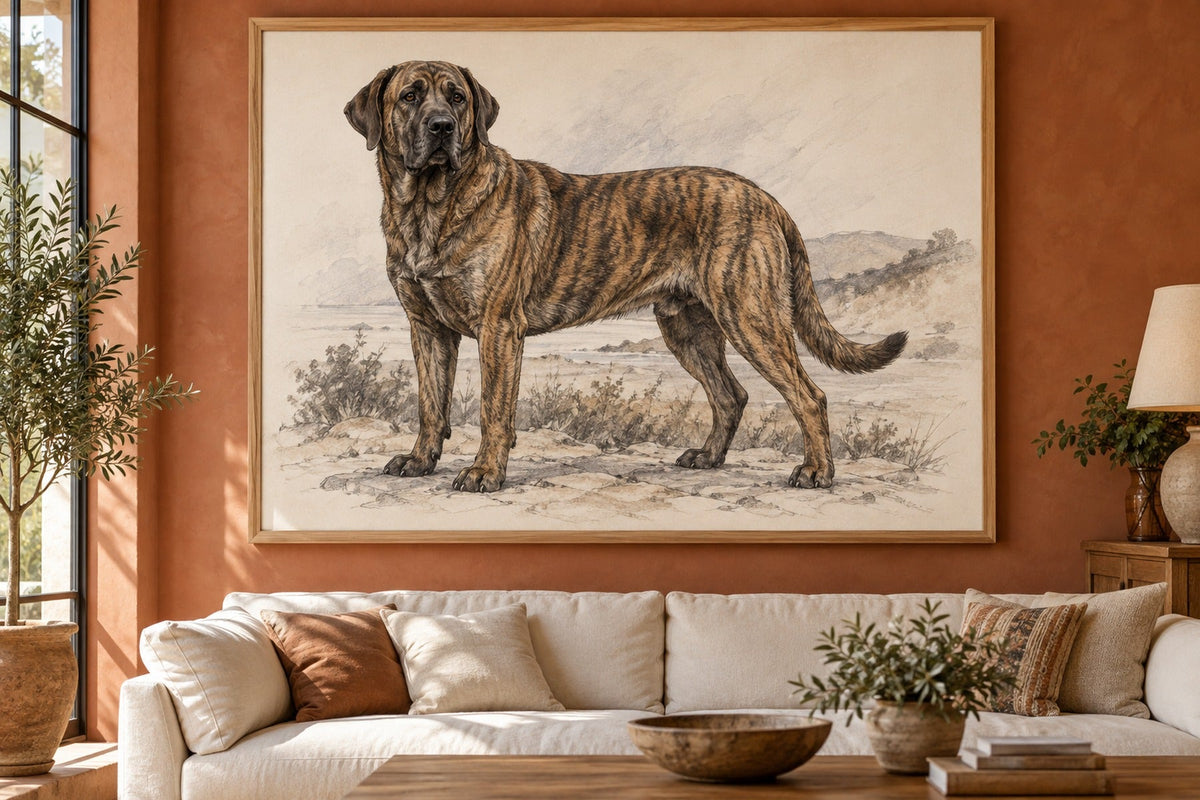 Cão Fila de São Miguel als Wandbild im Stil Kohle-Sketch, Raum: terrakottafarbenes Wohnzimmer