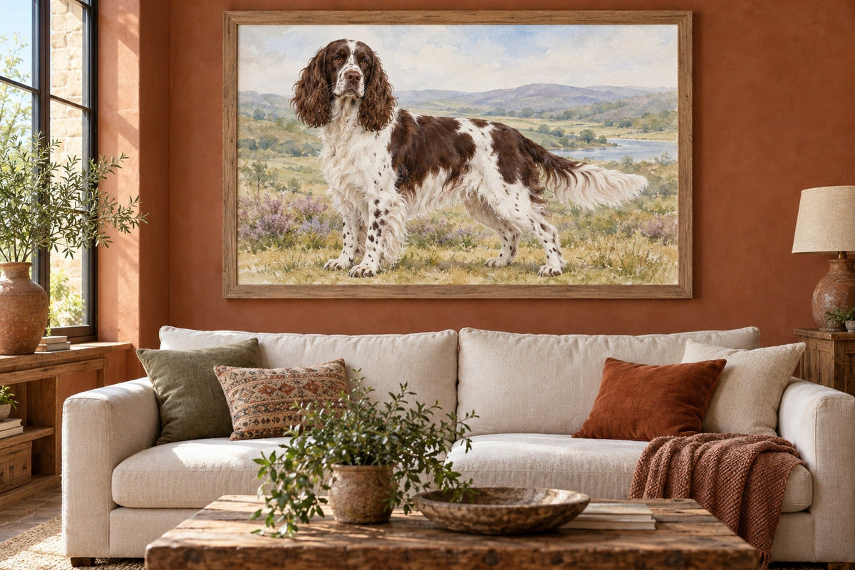 English Springer Spaniel als Wandbild im Stil Aquarell, Raum: terrakottafarbenes Wohnzimmer