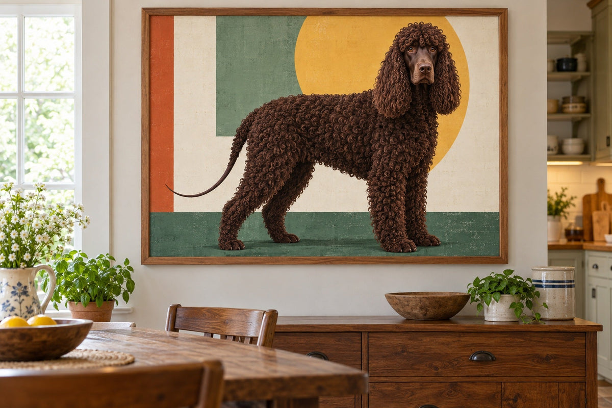 Irish Water Spaniel als Wandbild im Stil Pop-Art, Raum: helle Landhausküche