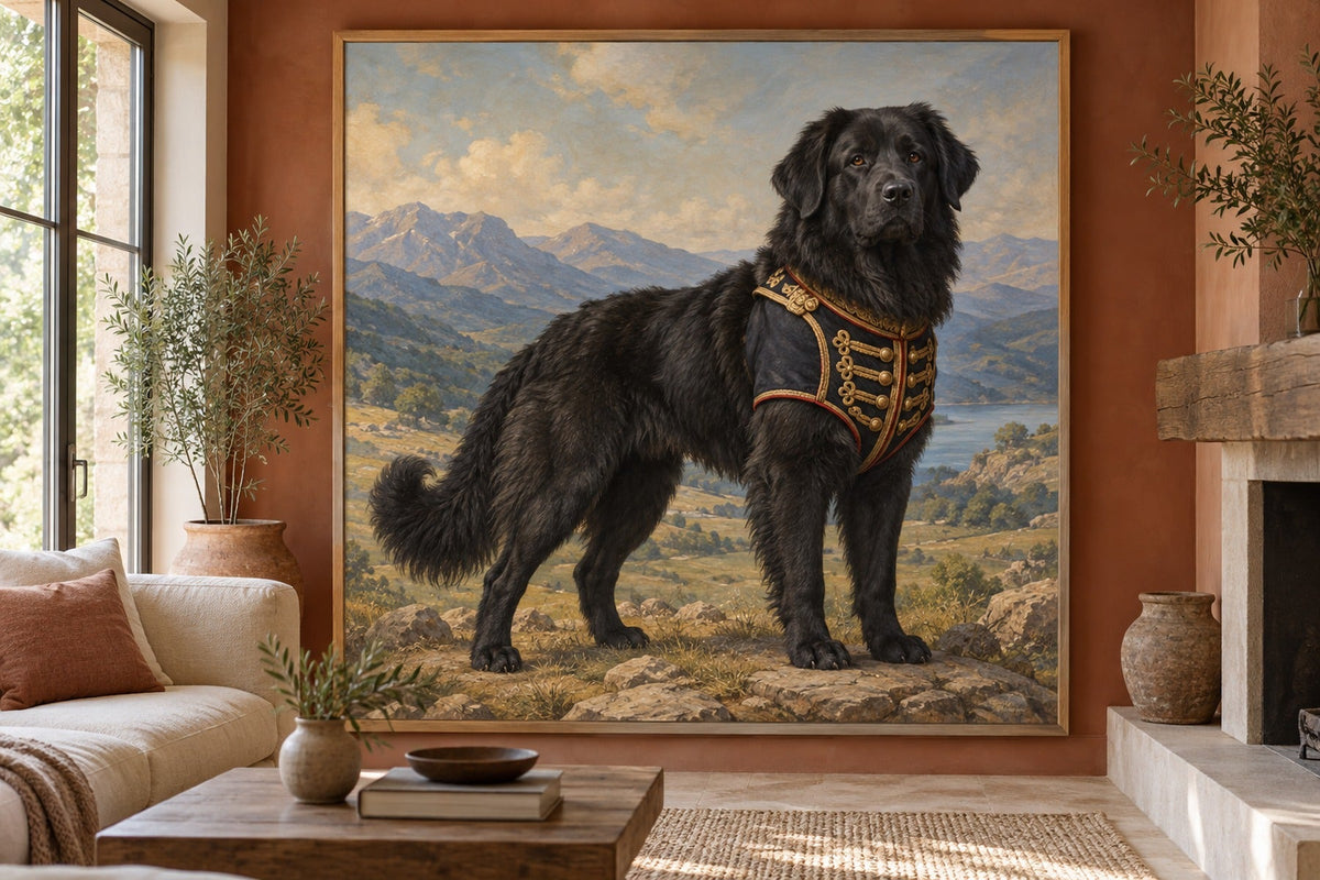 Karaman (Mazedonischer Hirtenhund) als Wandbild im Stil Royal mit kurzer Uniform, Raum: terrakottafarbenes Wohnzimmer