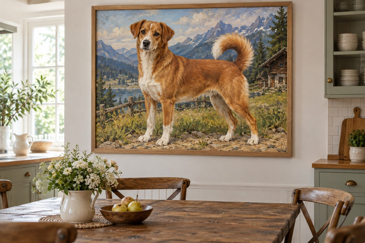 Österreichischer Pinscher als Wandbild im Stil Ölgemälde, Raum: helle Landhausküche