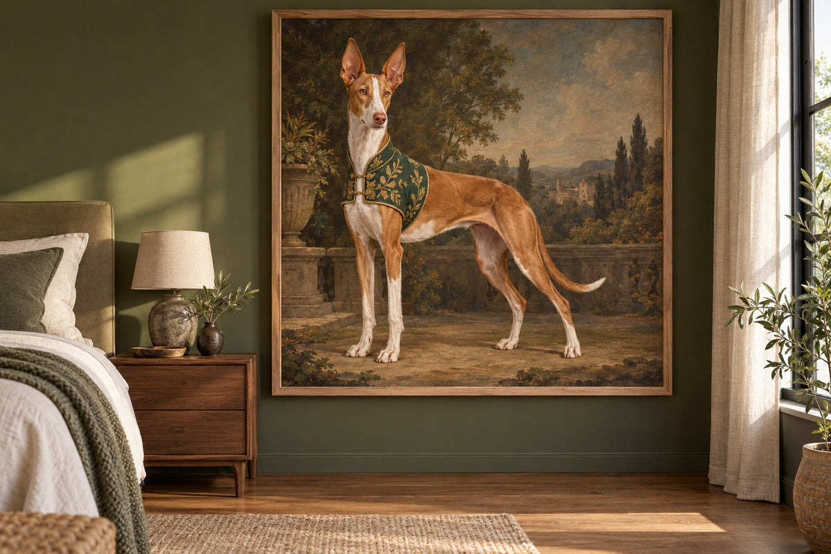 Podenco Canario als Wandbild im Stil Royal mit kurzer Uniform, Raum: olivgrünes Schlafzimmer