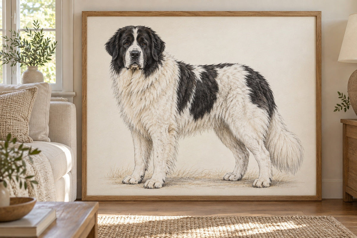 Rumänischer Bukowina-Schäferhund als Wandbild im Stil Minimal, feine Farbzeichnung, Raum: cremefarbenes Wohnzimmer