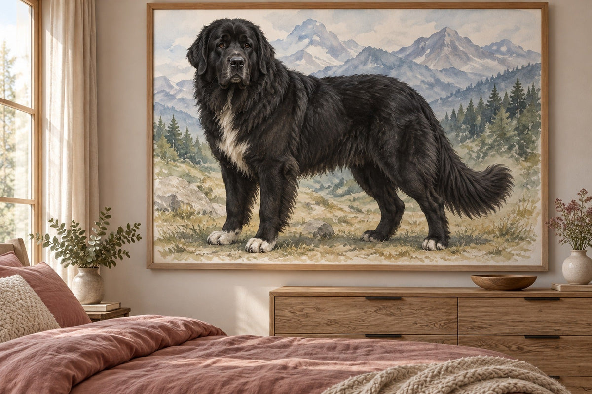Rumänischer Corb-Schäferhund als Wandbild im Stil Aquarell, Raum: altrosafarbenes Schlafzimmer
