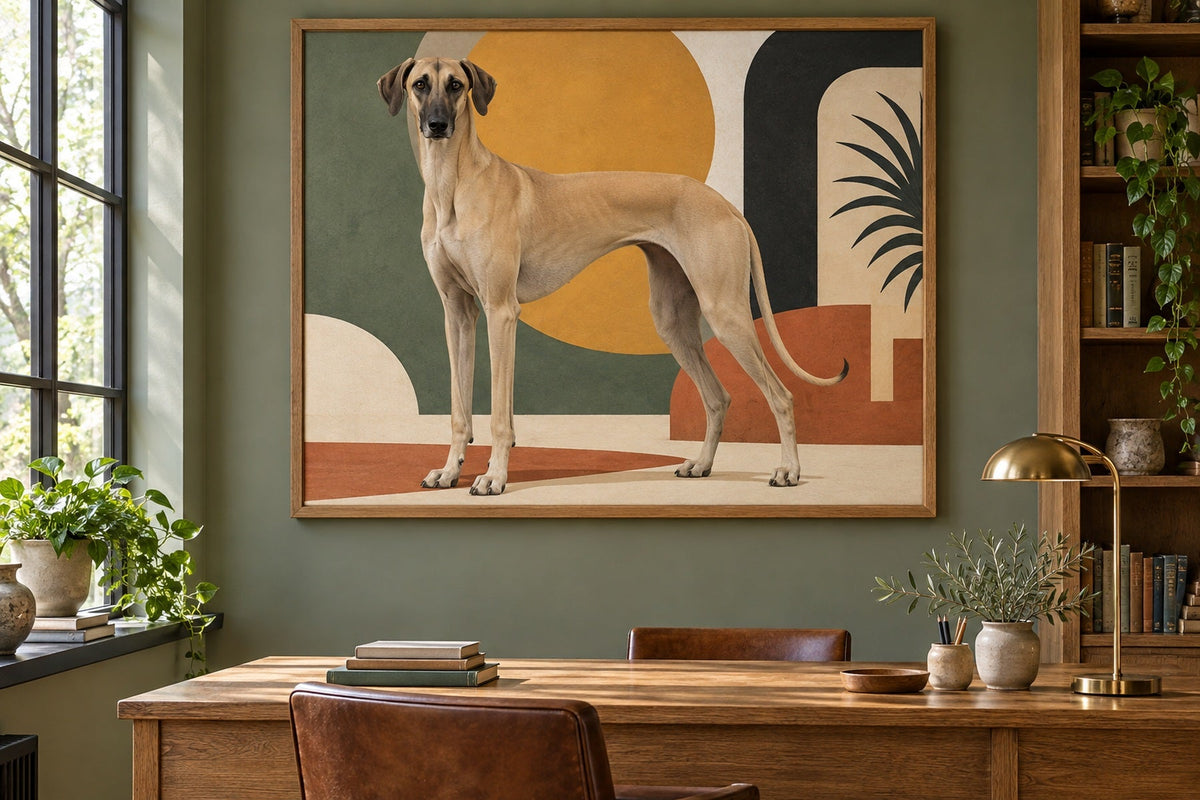 Sloughi als Wandbild im Stil Pop-Art, Raum: salbeifarbenes Arbeitszimmer