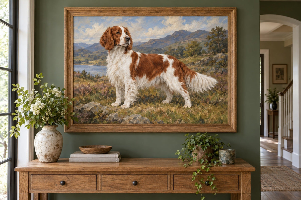 Welsh Springer Spaniel als Wandbild im Stil Ölgemälde, Raum: grüner Flur