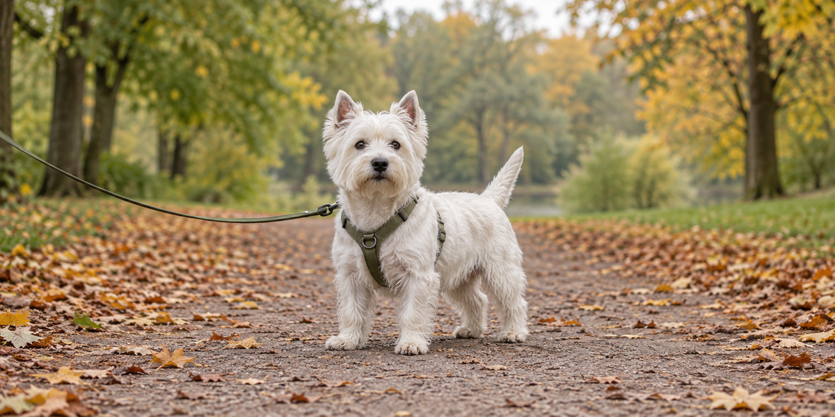 West Highland White Terrier mit olivgrünem Geschirr auf einem herbstlichen Parkweg; KI-generiertes Symbolbild