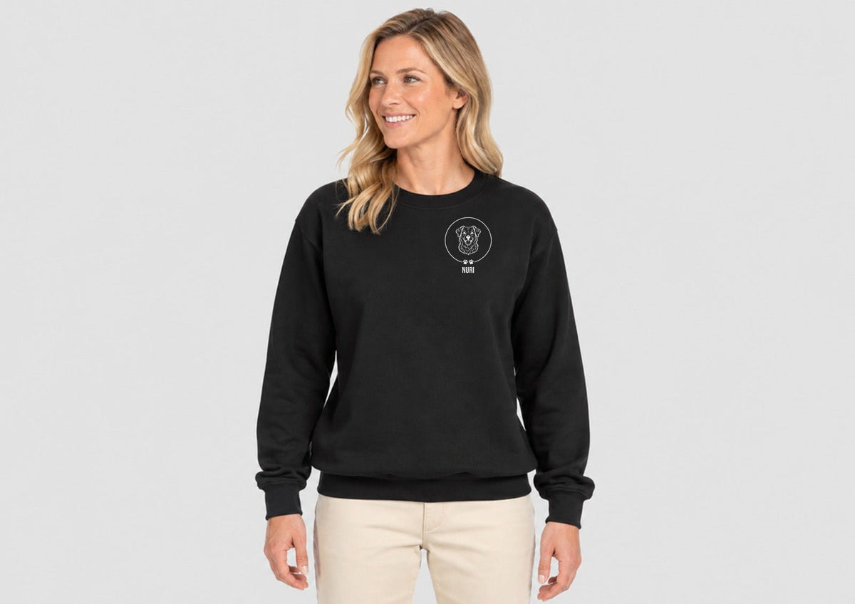 Tierportrait als Brustmotiv mit Namen, Sweatshirt dunkel