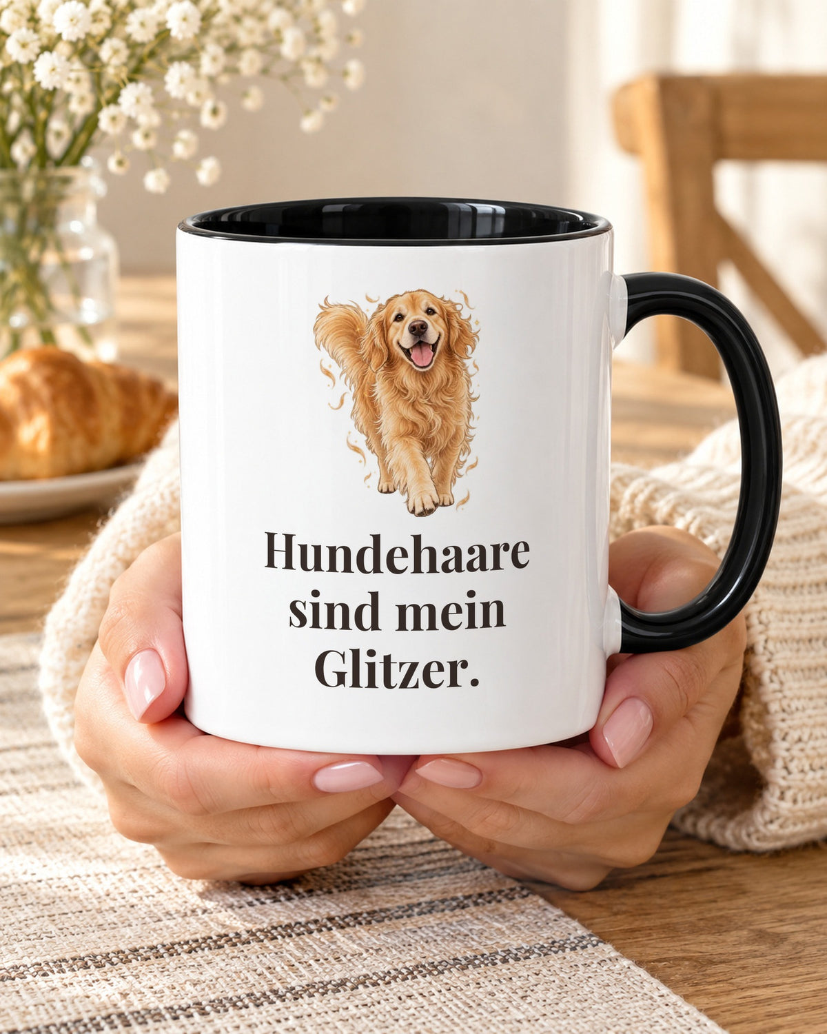 Hundetasse mit Spruch: Hundehaare sind mein Glitzer, Akzenttasse innen schwarz