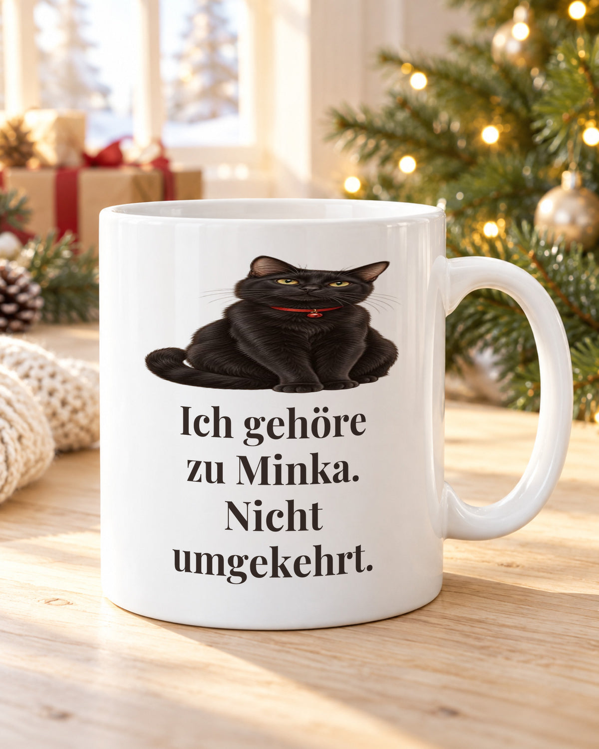 Katzentasse „Ich gehöre zu Minka. Nicht umgekehrt.“ am Weihnachtsmorgen