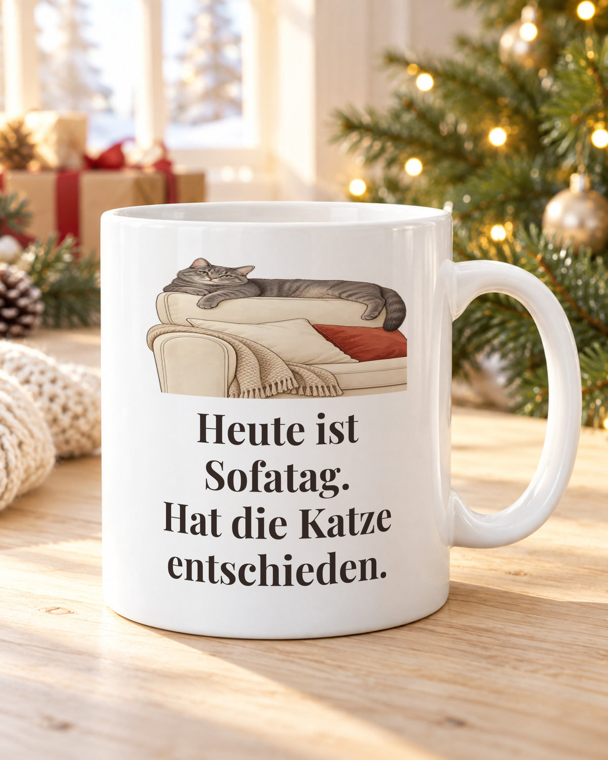 Katzentasse „Heute ist Sofatag. Hat die Katze entschieden.“ am Weihnachtsmorgen