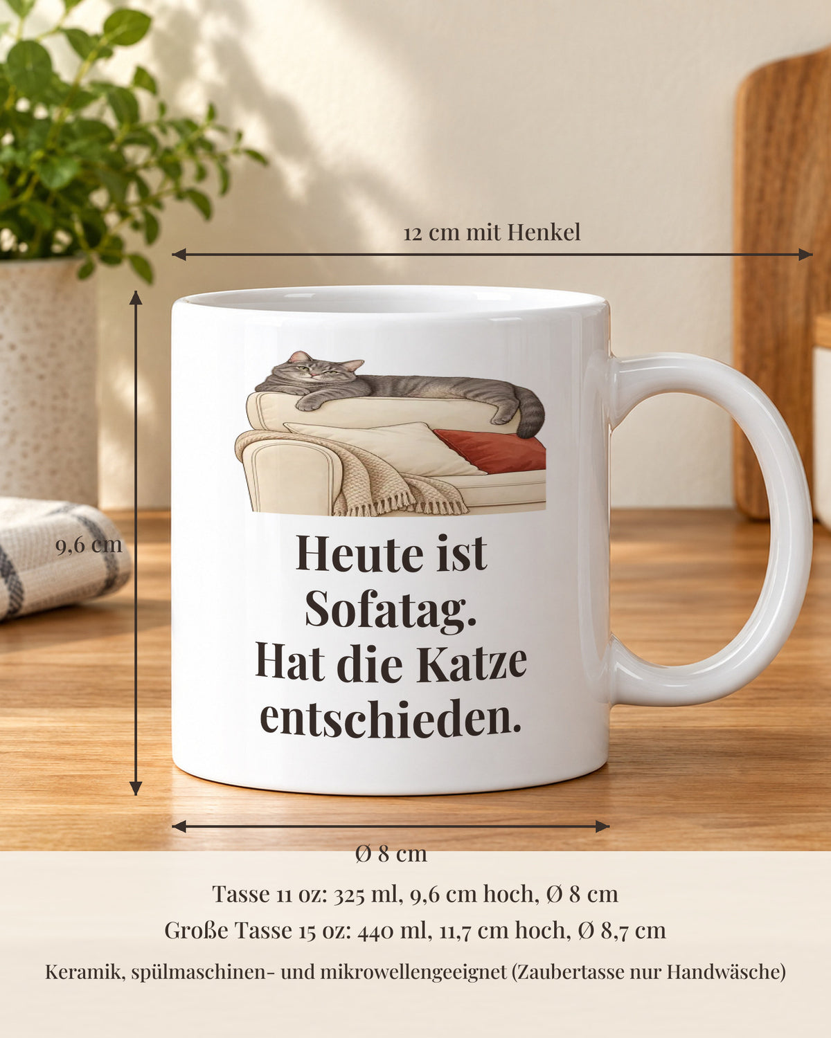 Katzentasse 11 oz mit Maßen: 9,6 cm hoch, 8 cm Durchmesser