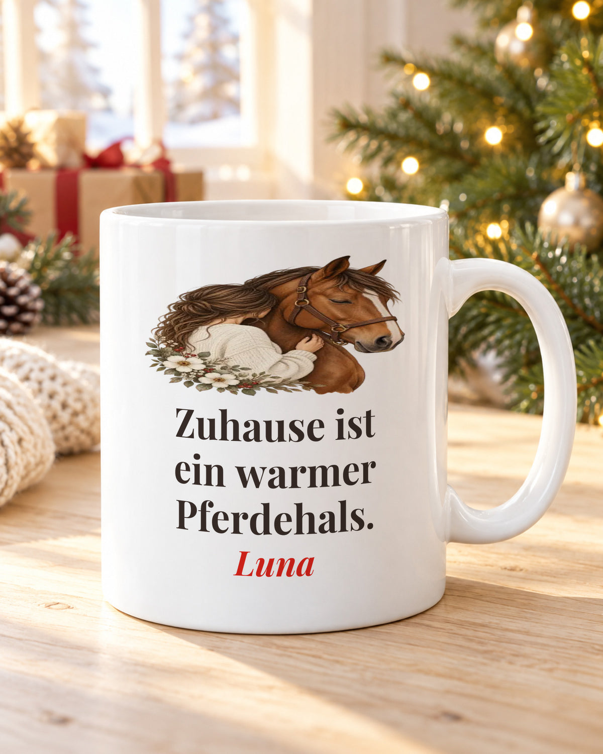 Pferdetasse „Zuhause ist ein warmer Pferdehals.“ mit Namen Luna am Weihnachtsmorgen