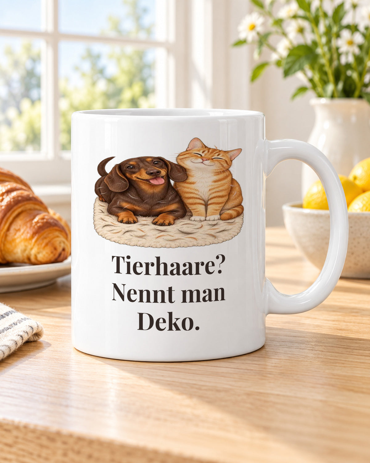 Tasse „Tierhaare? Nennt man Deko.“ am Frühstückstisch