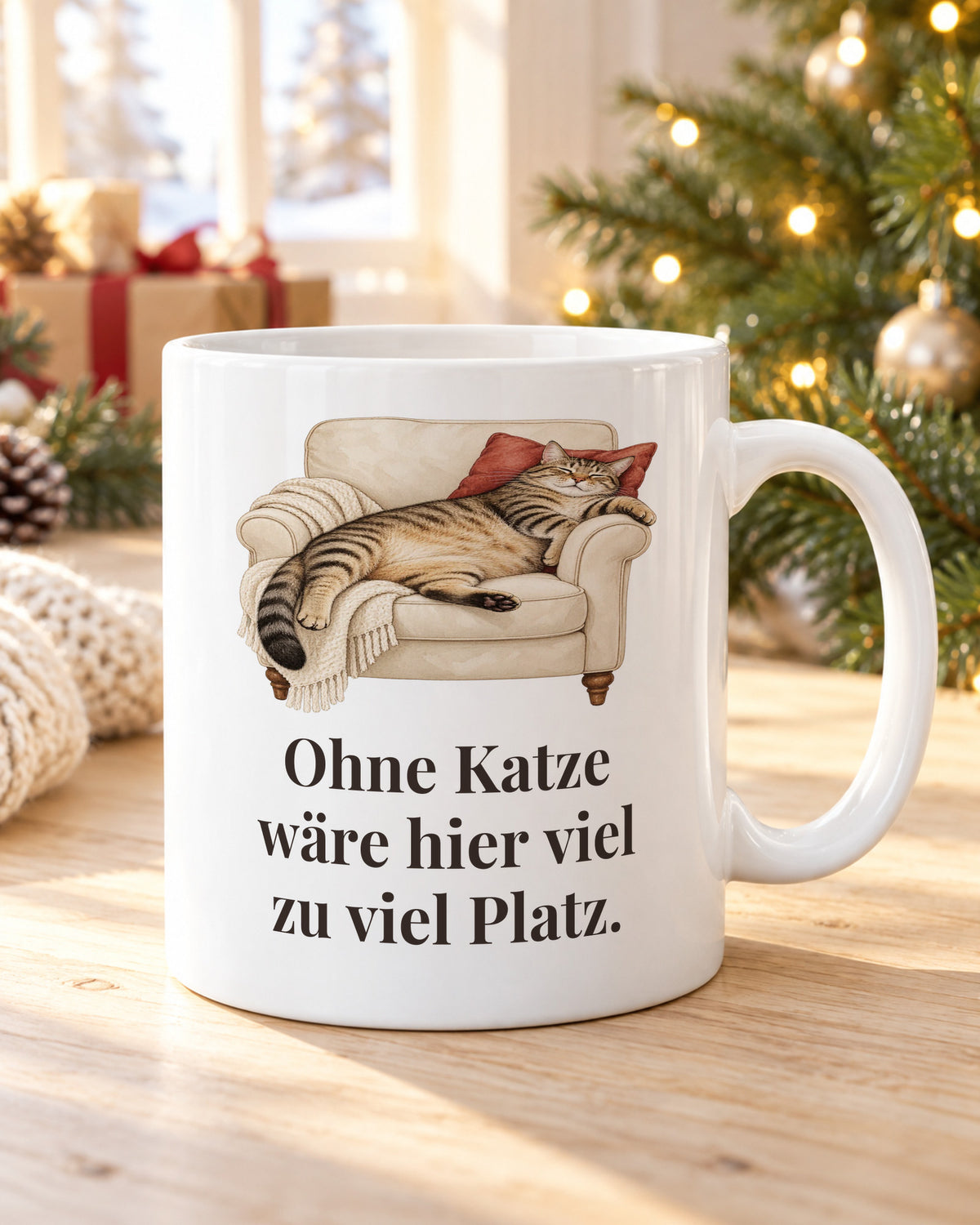 Katzentasse „Ohne Katze wäre hier viel zu viel Platz.“ am Weihnachtsmorgen