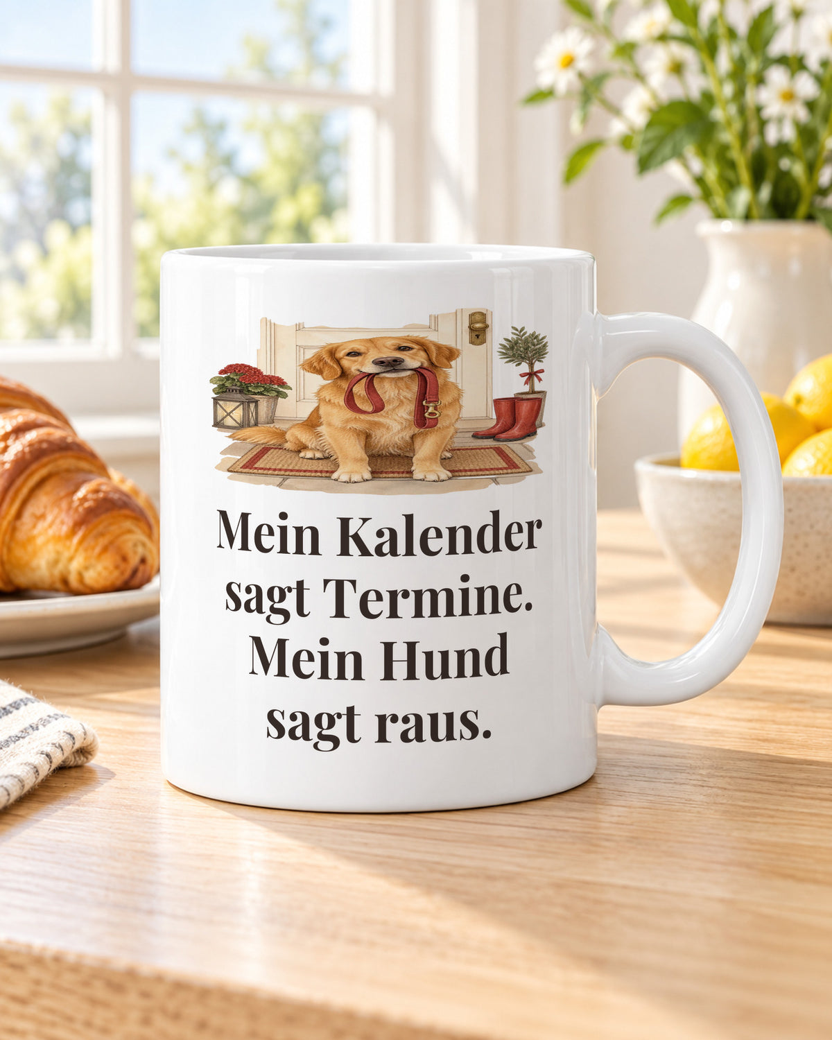 Hundetasse „Mein Kalender sagt Termine. Mein Hund sagt raus.“ am Frühstückstisch