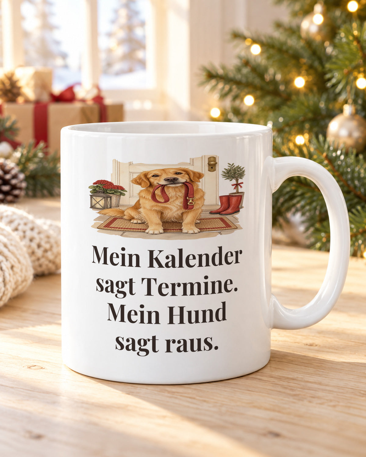 Hundetasse „Mein Kalender sagt Termine. Mein Hund sagt raus.“ am Weihnachtsmorgen