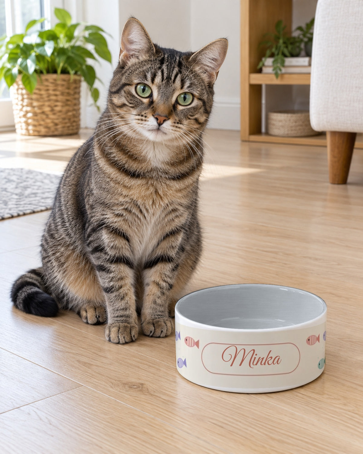 Futternapf für Katzen mit bunten Fischen und dem Namen Minka, getigerte Katze daneben