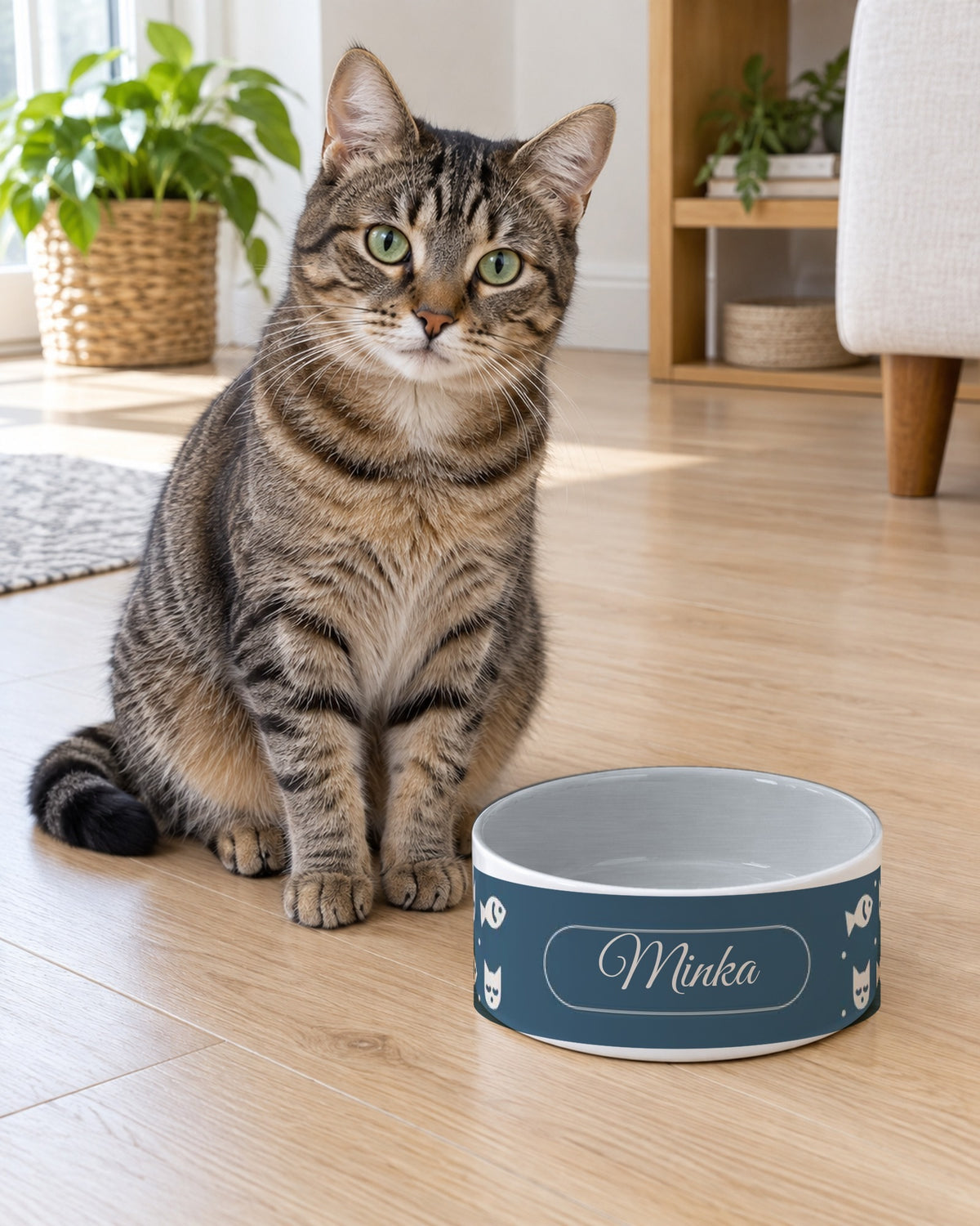 Futternapf mit Fischband und Namen Minka, getigerte Katze daneben