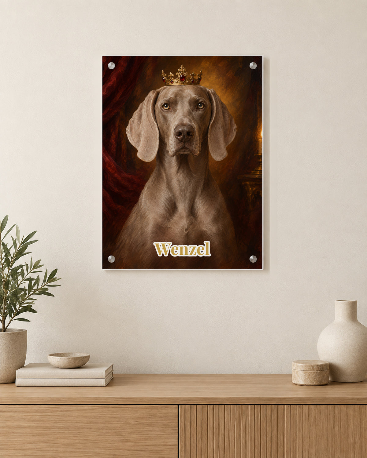 Personalisiertes Hundeportrait auf Acrylglas im Royal-Stil mit Namen Wenzel, Weimaraner