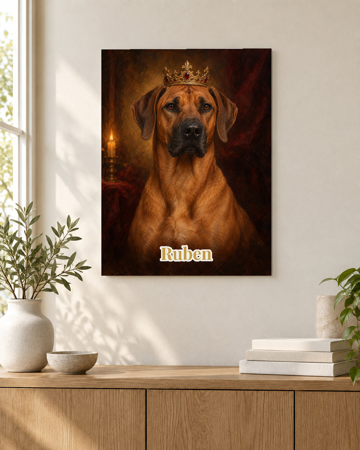 Personalisiertes Hundeportrait auf Aluminium im Royal-Stil mit Namen Ruben, Rhodesian Ridgeback