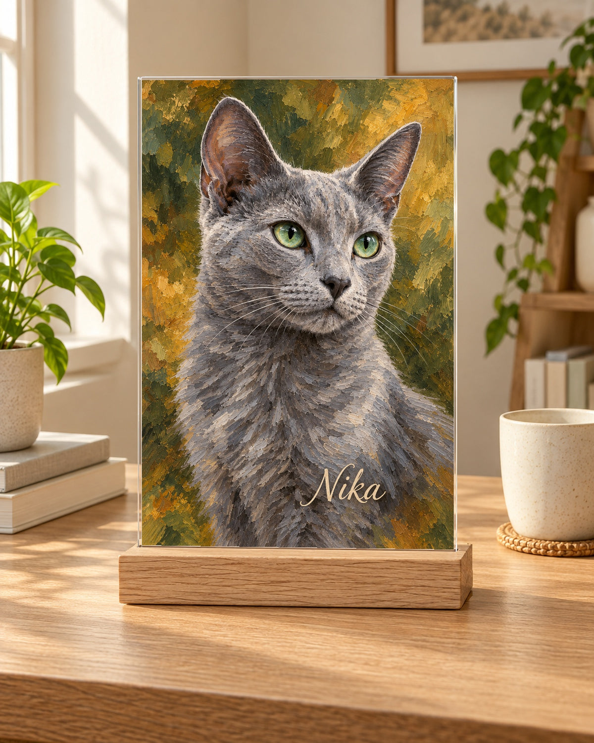 Personalisiertes Katzenportrait als Acryl-Aufsteller im Ölgemälde-Stil, Russisch Blau