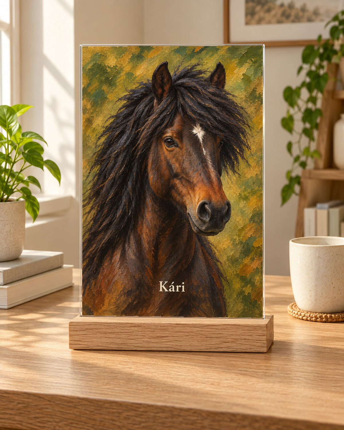 Personalisiertes Pferdeportrait als Acryl-Aufsteller im Ölgemälde-Stil, Isländer