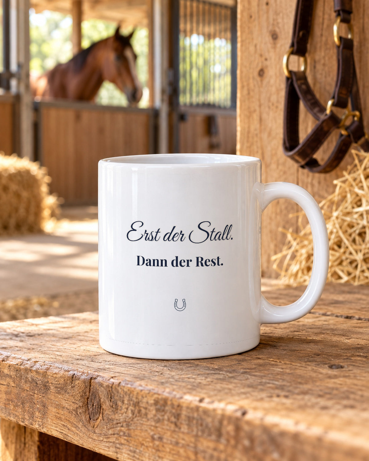 Weiße Tasse mit dem Spruch „Erst der Stall. Dann der Rest.“ auf einer Holzbank im Stall