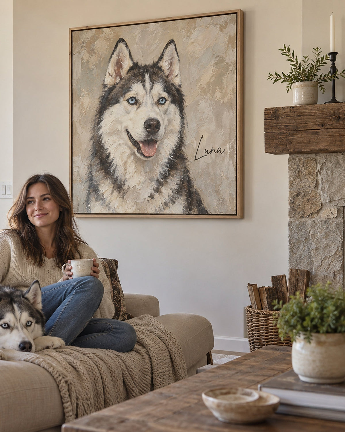 Frau mit Husky vor dem Hundeportrait auf Leinwand mit Rahmen