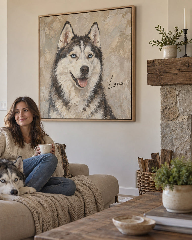 Frau mit Husky vor dem Hundeportrait auf Leinwand mit Rahmen