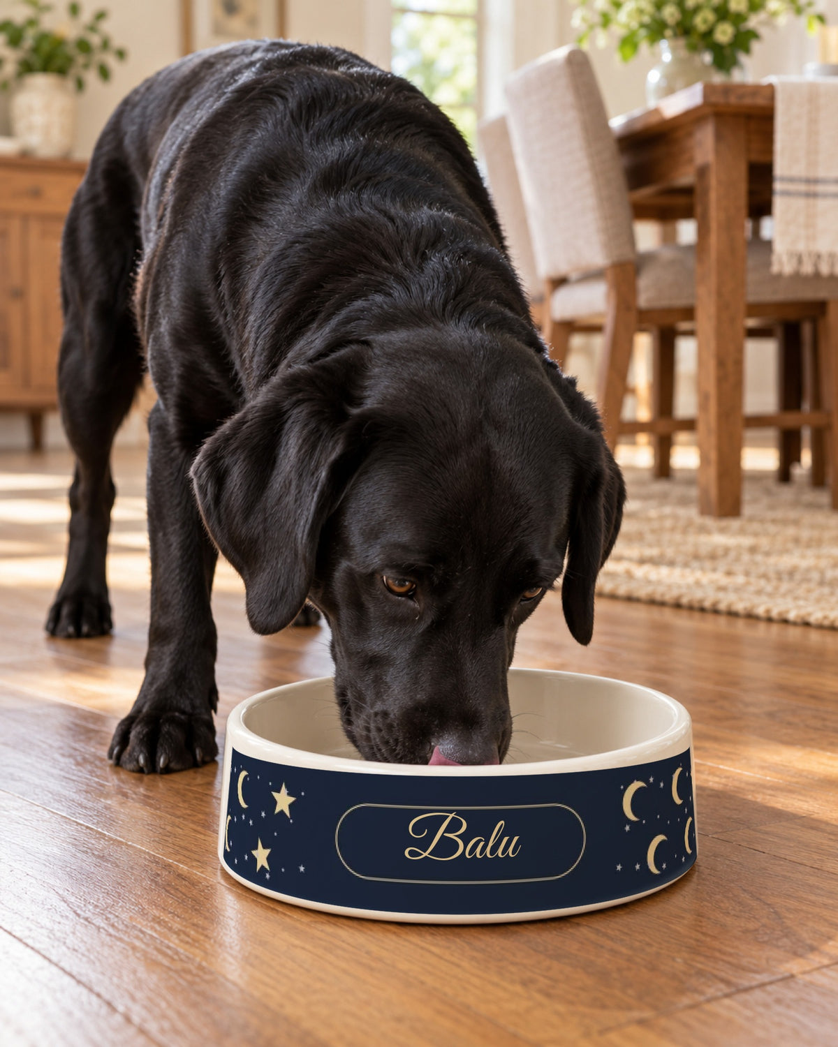 Keramiknapf mit Sternen und Monden auf Nachtblau und Namen Balu, schwarzer Labrador frisst daraus