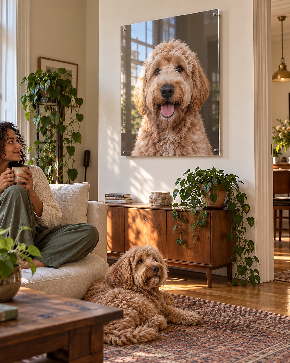 Frau mit Hund im Wohnzimmer vor dem Hundeportrait auf Acrylglas