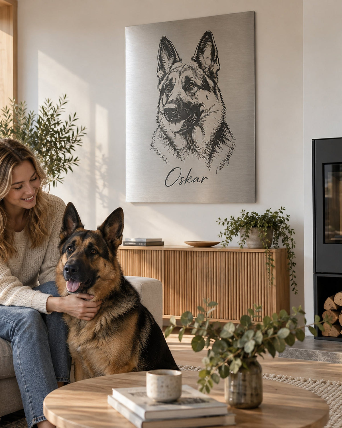Frau mit Schäferhund vor dem Hundeportrait auf Aluminium