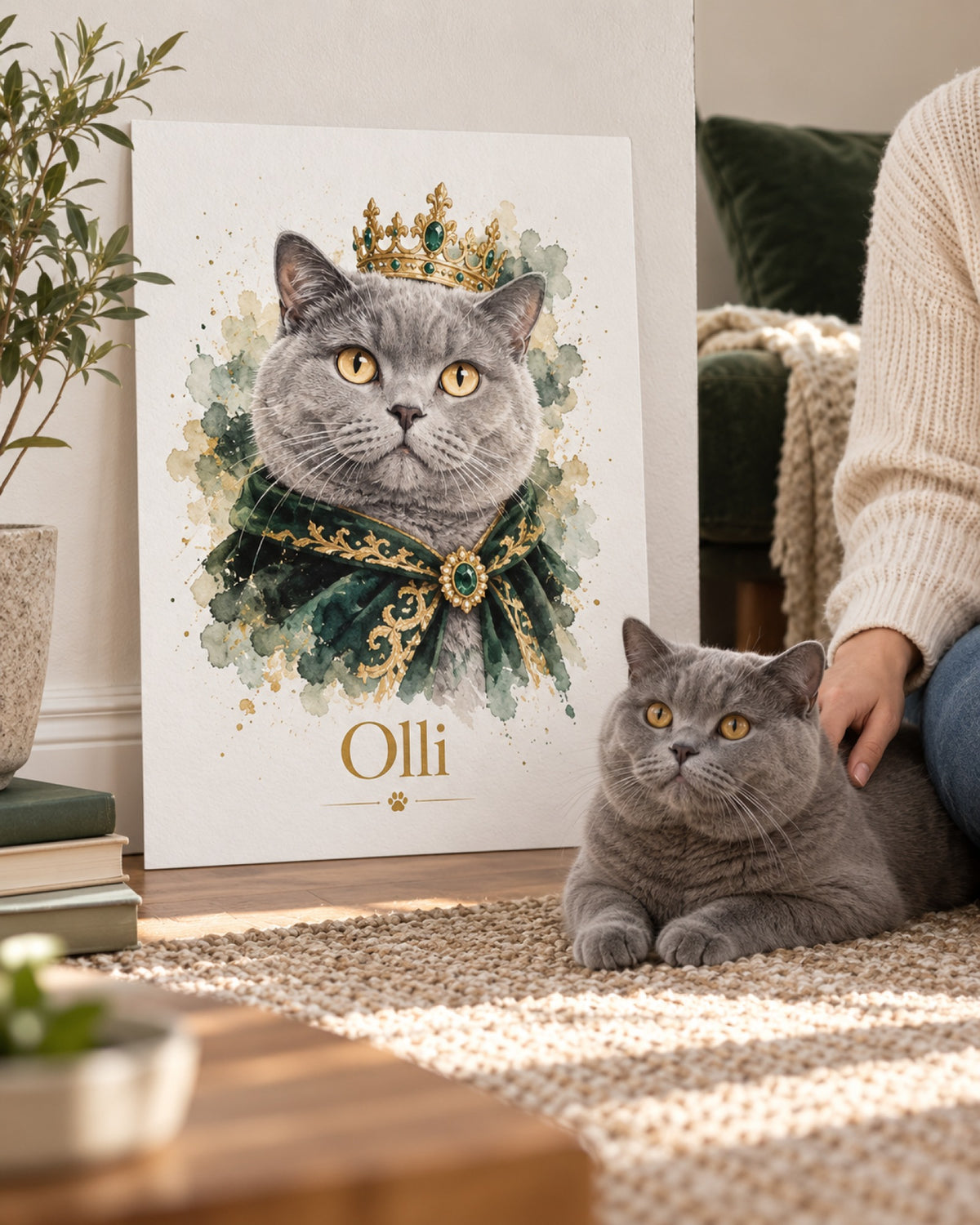 Katzenportrait als Poster im Royal-Stil, Britisch Kurzhaar liegt davor
