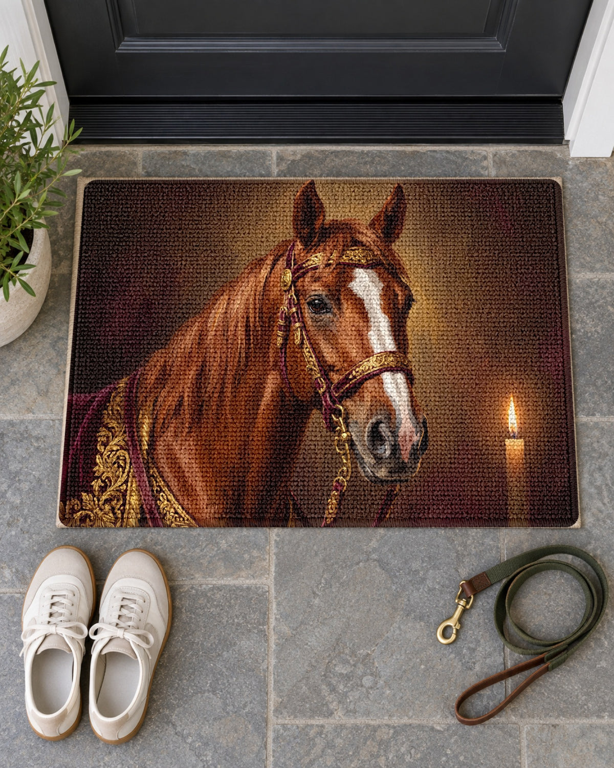 Fußmatte mit Royal-Pferdeportrait von oben, daneben Schuhe und Leine