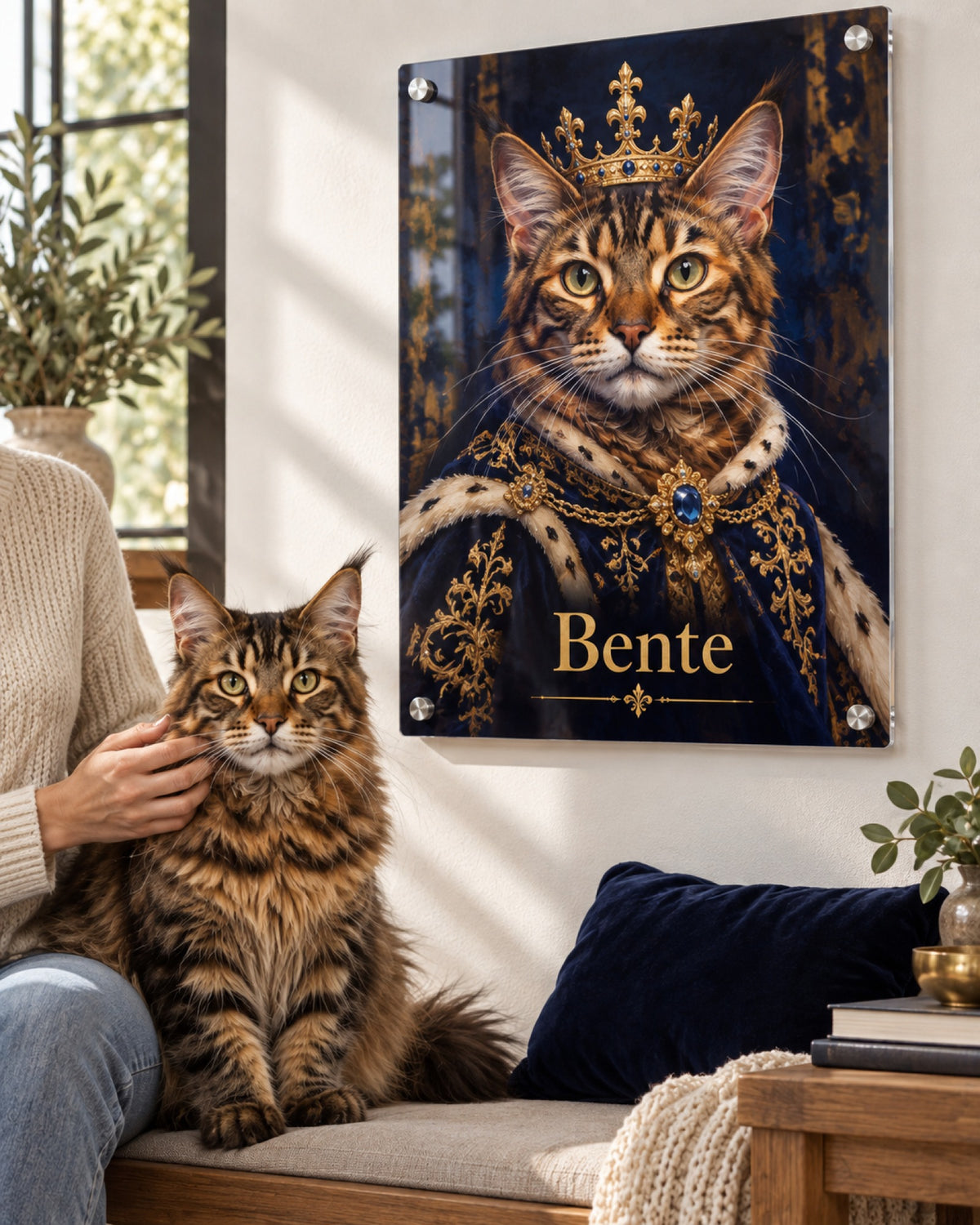 Katzenportrait auf Acrylglas im Royal-Stil, Maine Coon sitzt davor