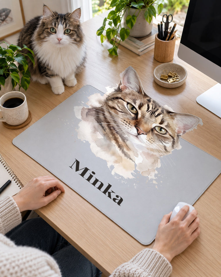 Mauspad mit Katzenportrait im Stil Aquarell und dem Namen Minka auf dem Schreibtisch, eine Katze sitzt dahinter