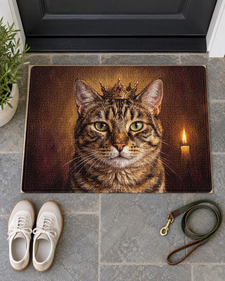 Fußmatte mit Royal-Katzenportrait von oben, daneben Schuhe und Leine