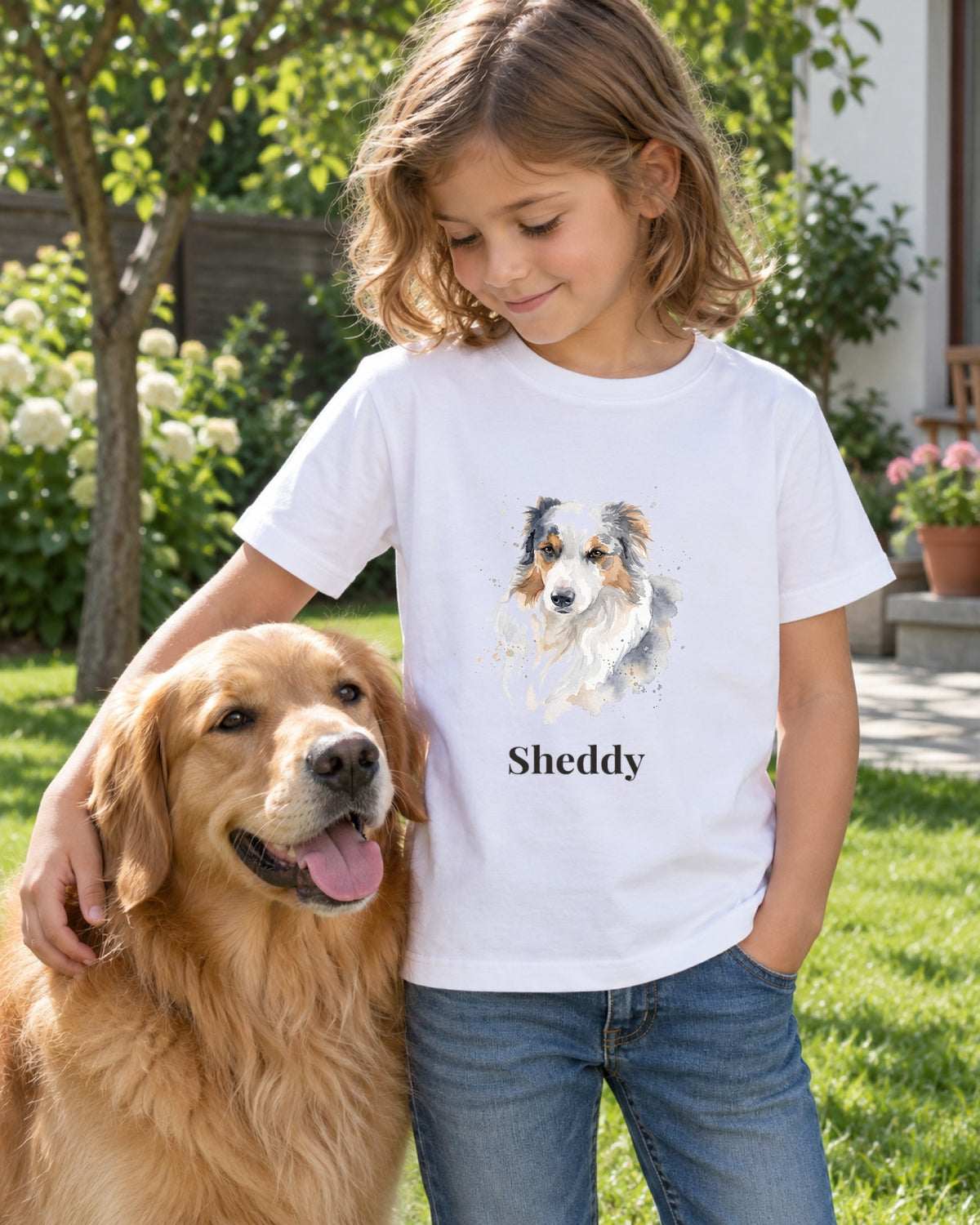 Kinder-T-Shirt mit Australian Shepherd im Aquarell-Stil und Namen Sheddy, das Kind steht mit dem Aussie im Garten