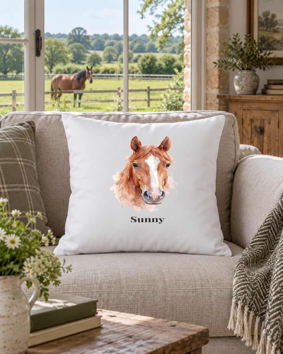 Weißes Kissen mit Pferdeportrait im Stil Aquarell und dem Namen Sunny auf dem Sofa, durchs Fenster sieht man die Pferdekoppel