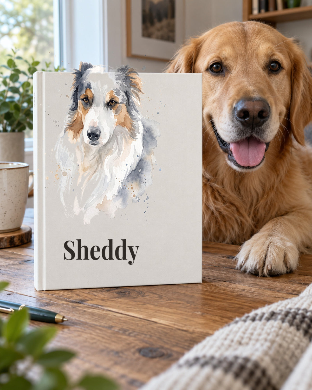 Notizbuch mit Hundeportrait im Stil Aquarell und dem Namen Sheddy auf dem Holztisch, ein Hund liegt daneben