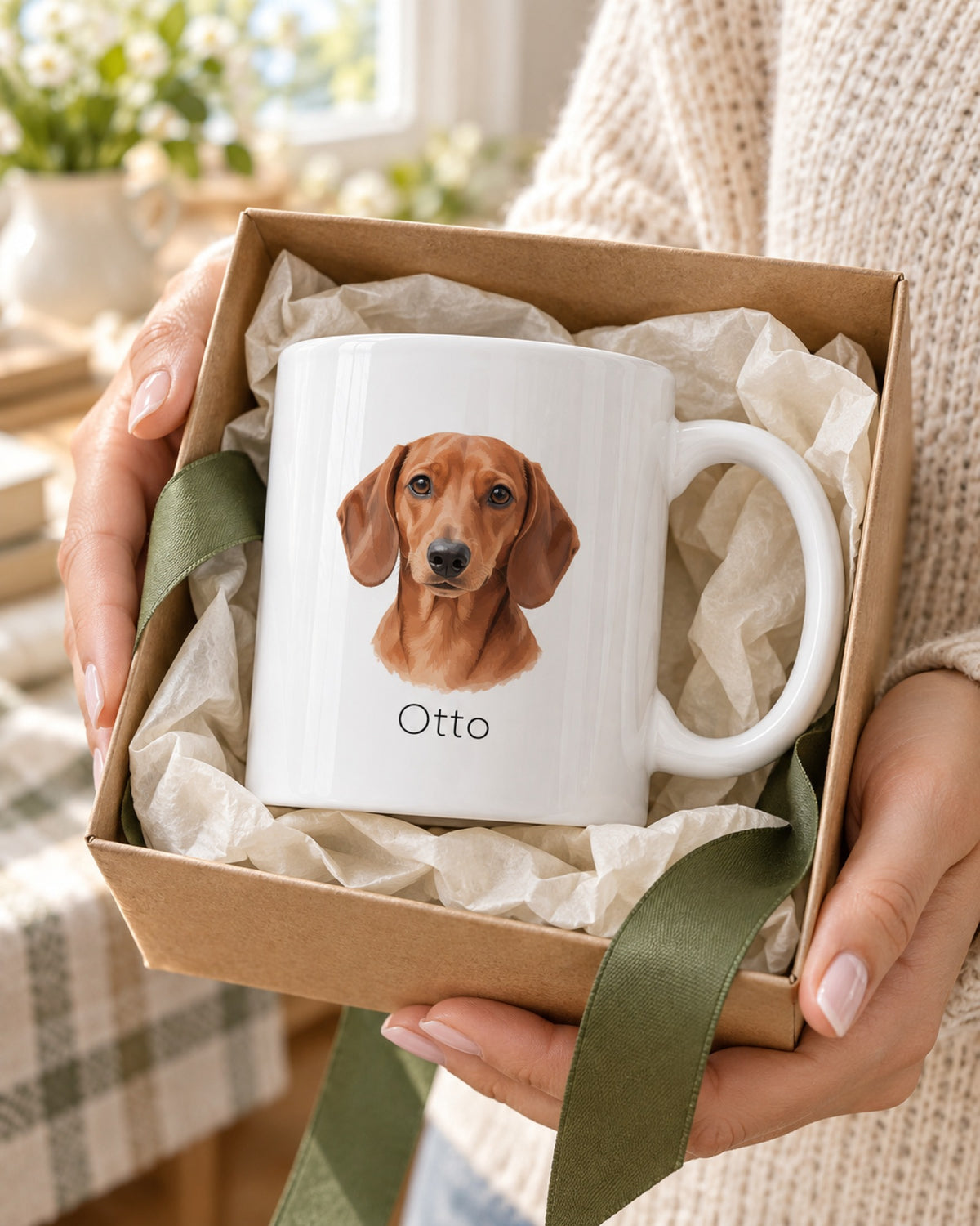 Hundetasse mit Dackel im Aquarellstil als Geschenk im Karton