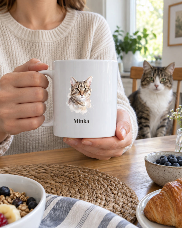 Weiße Tasse mit Katzenportrait im Stil Aquarell und dem Namen Minka am Frühstückstisch, eine Katze sitzt auf dem Stuhl dahinter